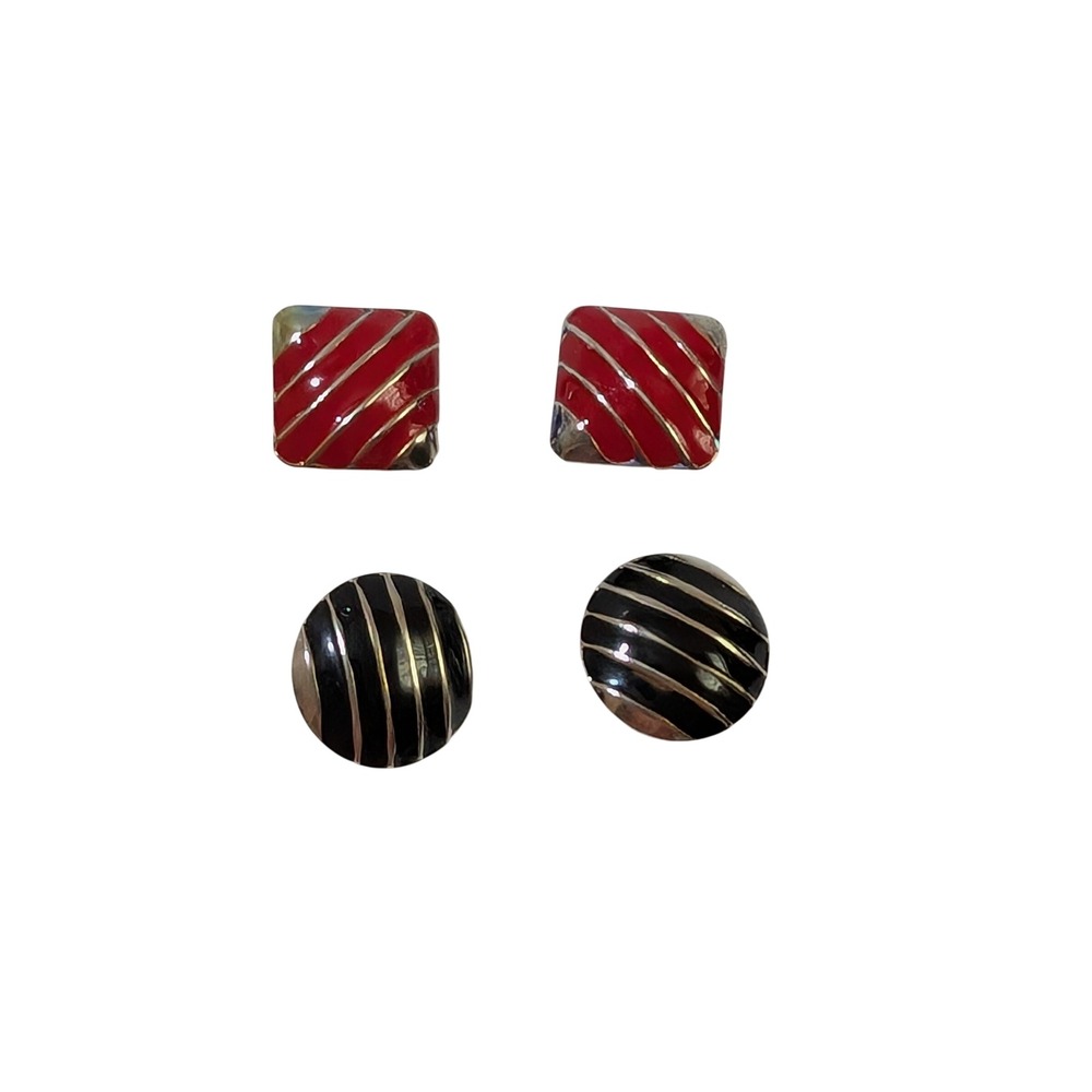 Vintage 80s Clip On Earrings Set Red Black Enamel Striped Square Round Retro
